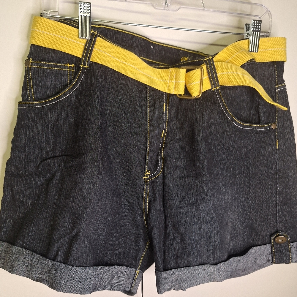 Old Skool Dark Denim Shorts with Yellow Belt Size 16